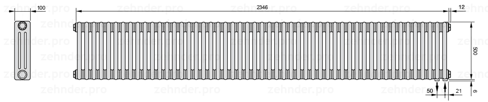 Схема (чертеж) Радиатор Zehnder Charleston 3050/51 №5510 Белый глянцевый RAL 9016